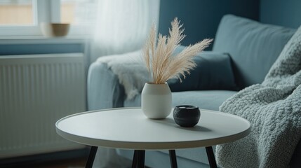 Bright and cozy living room with soft furnishings, a stylish white round table, and black cone legs, filled with warm natural daylight.