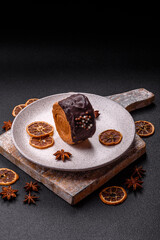 Round sweet New York roll croissant with chocolate cream filling