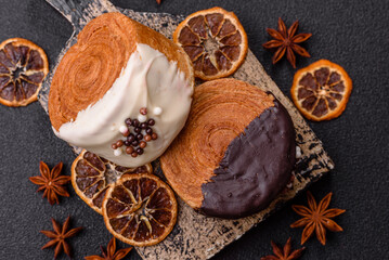 Round sweet New York roll croissant with chocolate cream filling