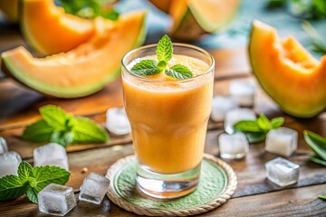 Refreshing Cantaloupe Melon Smoothie with Ice and Mint - Summer Drink Stock Photo