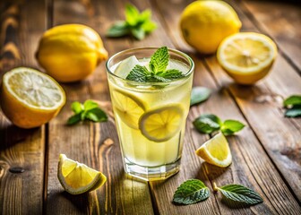 Fototapeta premium Refreshing Lemon Drink on Rustic Wooden Table - Stock Photo