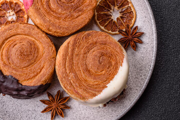 Round sweet New York roll croissant with several flavors cream filling
