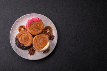 Round sweet New York roll croissant with several flavors cream filling