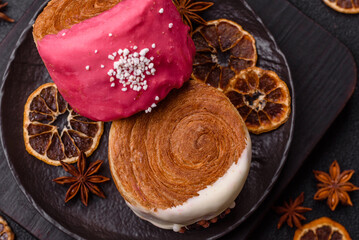 Round sweet New York roll croissant with several flavors cream filling
