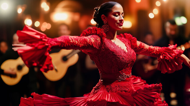 Passionate flamenco dancer wearing vibrant red dress performing, Spanish guitarists accompanying, warm stage lighting highlighting dramatic cultural dance moment