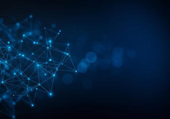 Fototapeta premium A digital artwork featuring a network of glowing blue lines and nodes, resembling a web or lattice, against a dark gradient blue background with light bokeh effects