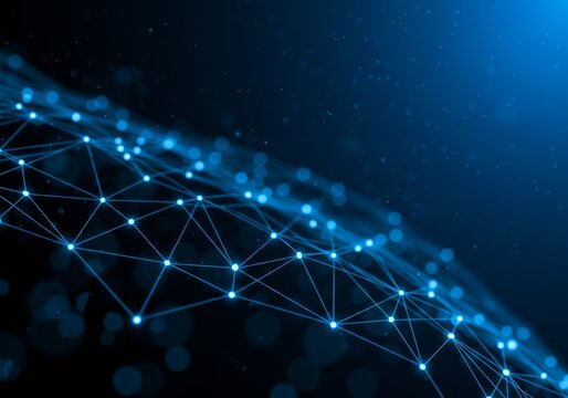 A digital artwork featuring a network of glowing blue lines and nodes, resembling a web or lattice, against a dark gradient blue background with light bokeh effects

