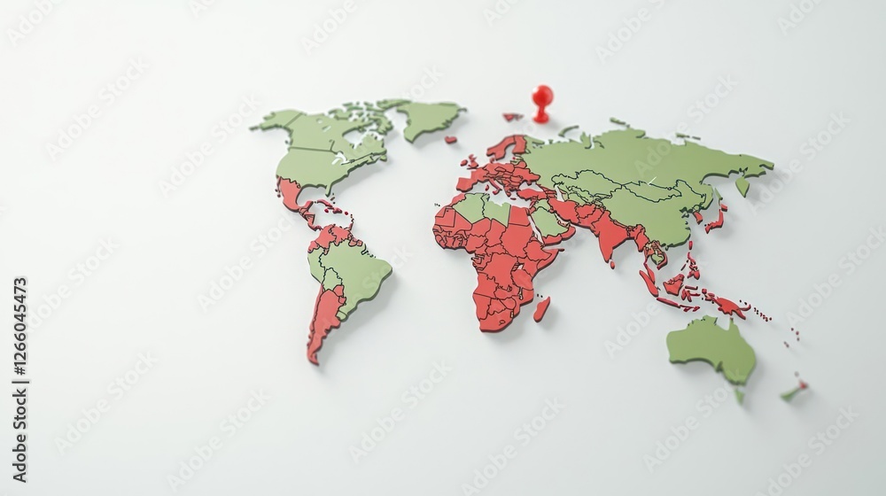 Poster 3d rendered world map with red push pin