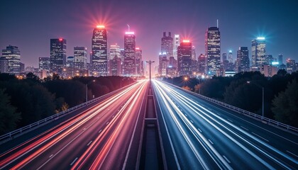 Fototapeta premium Fast highway to modern city skyline at night, motion light trails, futuristic road, urban speed, progress and success