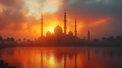 Fototapeta premium Sunrise Mosque Desert City Foggy MorningSunrise Mosque Desert City Foggy Morning