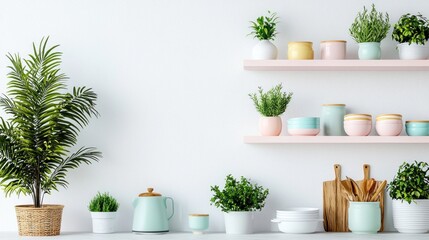 Pastel kitchen shelves with plants and cookware, minimalist design
