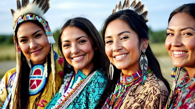 Group of beautiful attractive smiling indigenous Native American women looking at the camera.