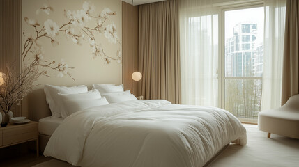 Cozy bedroom with light colors and large windows overlooking a city landscape. Generative AI