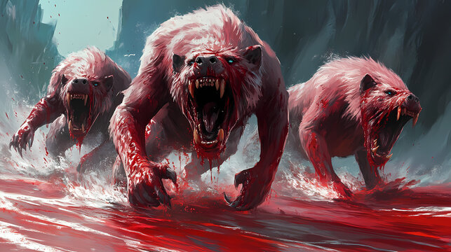 Scritta stop su macchia di sangue rossa e sfondo perlinato turchese e schizzi di petrolio. Crystal-Fanged Beasts. Illustration