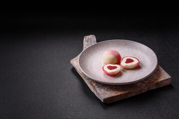 Delicious sweet mochi in the shape of red hearts