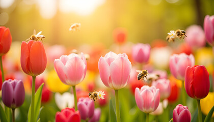 Obraz premium Bees pollinating pink and red tulips in blooming garden, Bees on Flowers