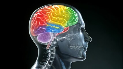 Obraz premium Translucent Brain: A Hyperrealistic Anatomical Head Rendering in Profile, Showcasing Vibrant, Segmented Brain Regions with Glowing, Detailed 