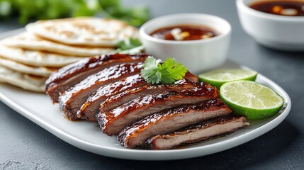 Peking duck served with thin pancakes, cucumber, and hoisin sauce garnished with lime and cilantro in an elegant presentation