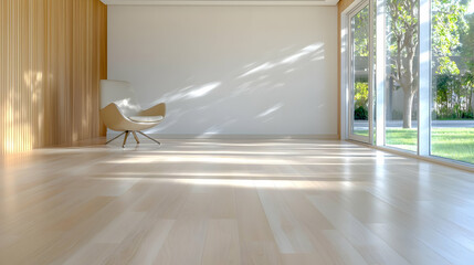 Modern living room sunlight, hardwood floor, chair, garden view