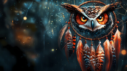 Dream catcher on a dark background. Owl-Like Watchers. Illustration