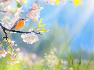 Obraz premium Small orange, gray and white bird perched on flowering tree branch in springtime, enjoying the warm sunlight and colorful blossoms surrounding it, creating a peaceful and idyllic natural scene
