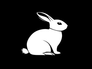 A simple white silhouette of a rabbit sitting against a black background.