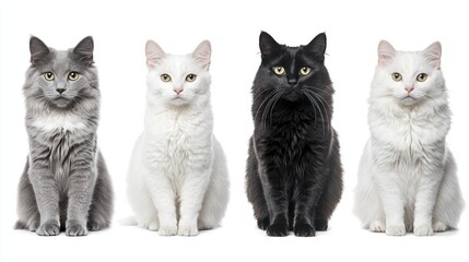 Four Cats With Different Colored Fur Posing Against White Backdrop