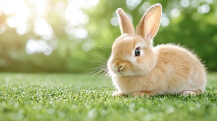 Fototapeta premium Cute bunny on green grass, spring day, outdoors, adorable pet, background nature