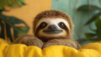 Fototapeta premium Happy sloth lounging on a yellow blanket in a tropical environment surrounded by greenery