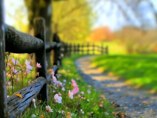 Pink flowers blooming by a weathered wooden fence lining a gravel path leading through a vibrant green springtime meadow, creating a picturesque rural scene