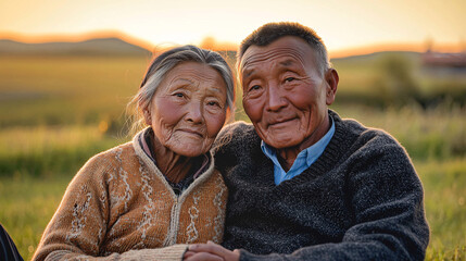 Middle-Aged Asian Couple Smiling and Embracing Outdoors in a Warm Natural Setting During Sunset, Capturing Love, Happiness, and Togetherness