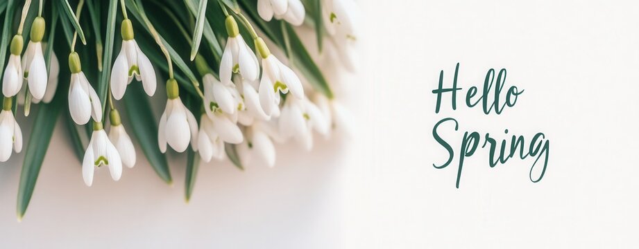Celebrate the arrival of spring with a soft pastel postcard featuring snowdrop flowers and an elegant greeting.First spring flowers snowdrops, spring background text hello spring. Greeting banner, fly