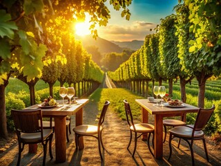 Obraz premium Romantic Vineyard Wine Tasting: Tables Amongst Grapevines, Sun Drenched Rows