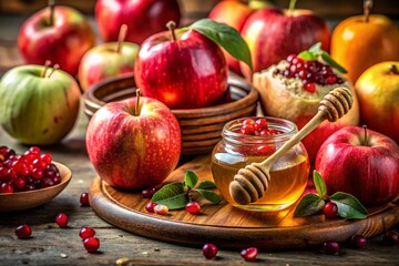 Rosh Hashanah Still Life: Apples, Pomegranate, Honey - Tilt-Shift Photography