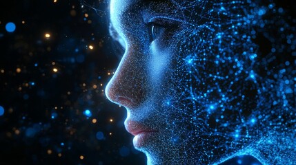Ethereal Human Face with Glowing Network Connections, Symbolizing Technology, Future, and Digital Evolution in a Captivating Visual Representation