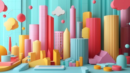 Obraz premium Colorful geometric cityscape with vibrant shapes, towers, clouds, and abstract elements on a pastel background ideal for design and illustration projects