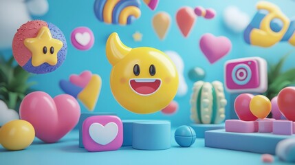 Obraz premium Colorful 3D Cartoon Elements with Emoji Faces and Fun Shapes on a Bright Blue Background for Playful and Whimsical Designs