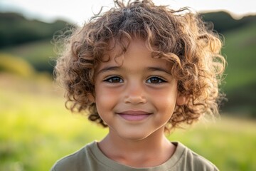 Young boy with curly hair smiles brightly in a green meadow during a sunny afternoon