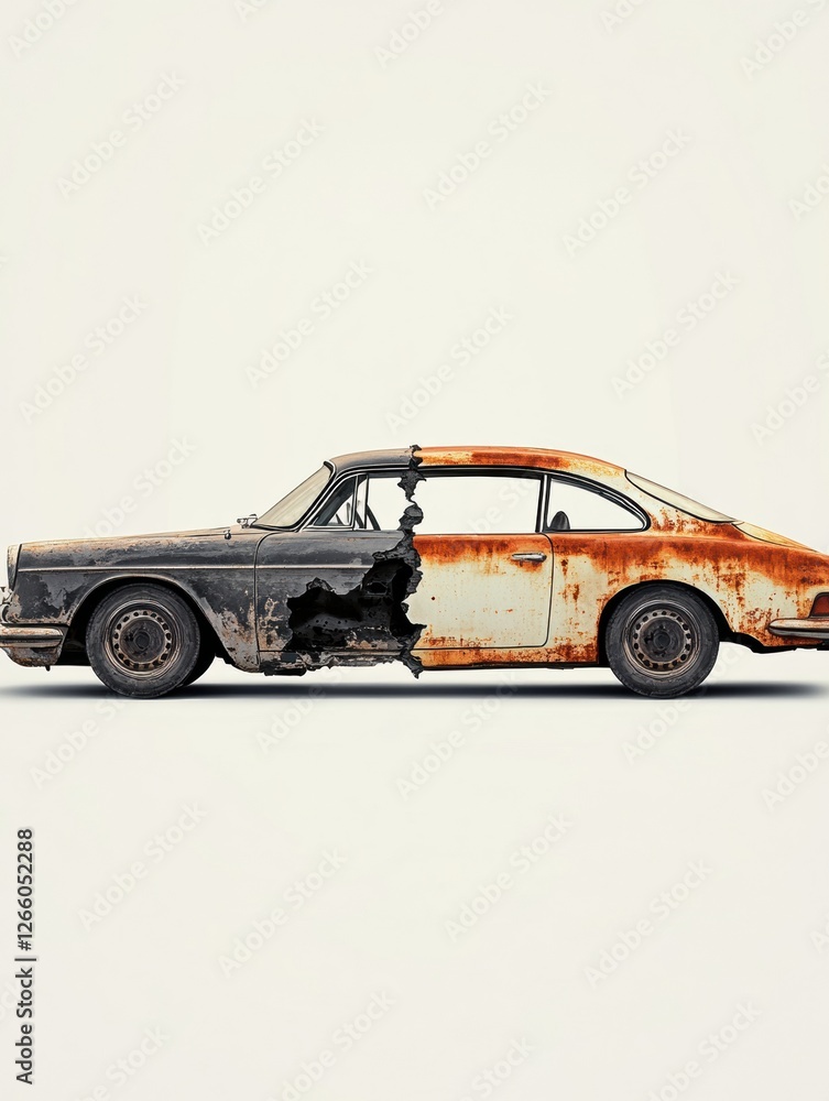 Poster comparison of a dented rusted car and a perfectly repaired vehicle showcasing the impact of restorat
