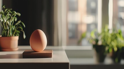 Single Brown Egg Balanced On Wooden Stand In Sunlit Window