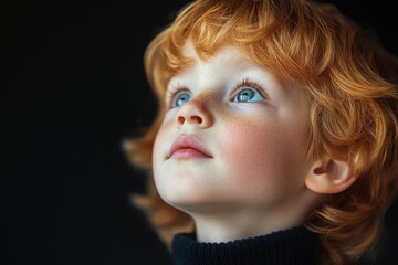 Fototapeta premium Child gazes upward with wonder as natural light highlights vibrant red curls and bright blue eyes