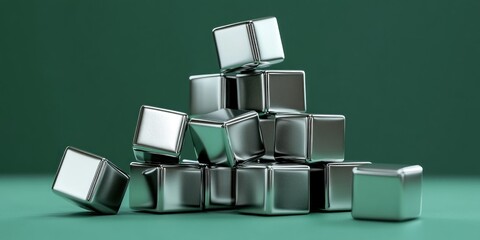 Silver metallic rubics cubes are creatively arranged in a puzzled formation, showcasing their reflective surfaces against a vibrant green backdrop