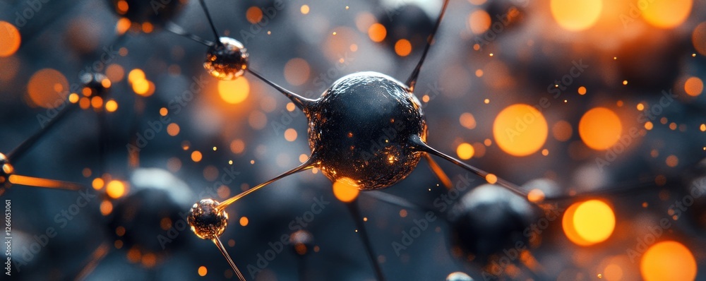 Poster intricate network of carbon fields showcases molecular structures with glimmering black elements and