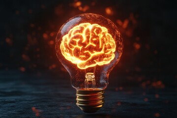 Stylized light bulb showcases a glowing brain inside, representing creativity and innovation, perfect for artistic or conceptual uses