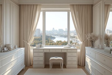 Bright and airy dressing area features a white table and cabinets near a large window with a stunning city view and soft curtains