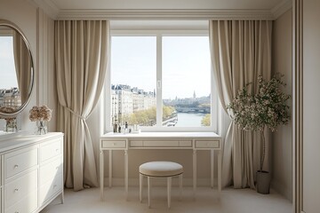The dressing table features white cabinets, placed by a large open window that overlooks a beautiful cityscape and tranquil river