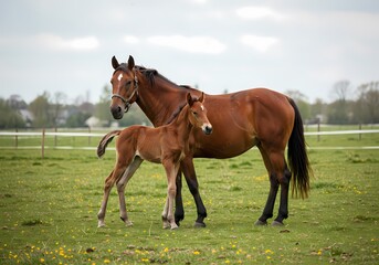 Fototapeta premium Adorable Baby Horse with Mother in Pasture – Heartwarming Bond Between Mare and Foal in Natural Setting