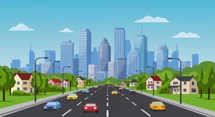 Obraz premium A modern flat illustration of a highway leading to a vibrant city skyline