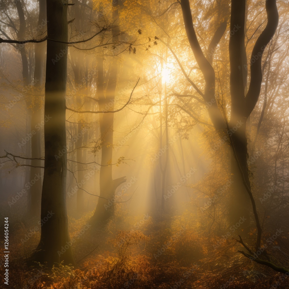 Poster bright sunlight filters through misty forest trees during autumn, creating a serene atmosphere at da