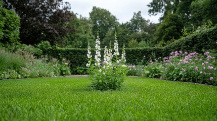 Obraz premium White flowers in formal garden, lush green lawn, background trees, tranquil scene, perfect for garden design